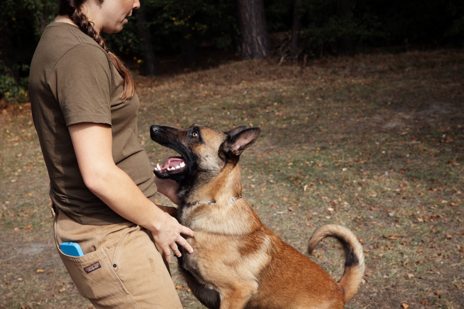 Flurina building engagement with a dog during outdoor training